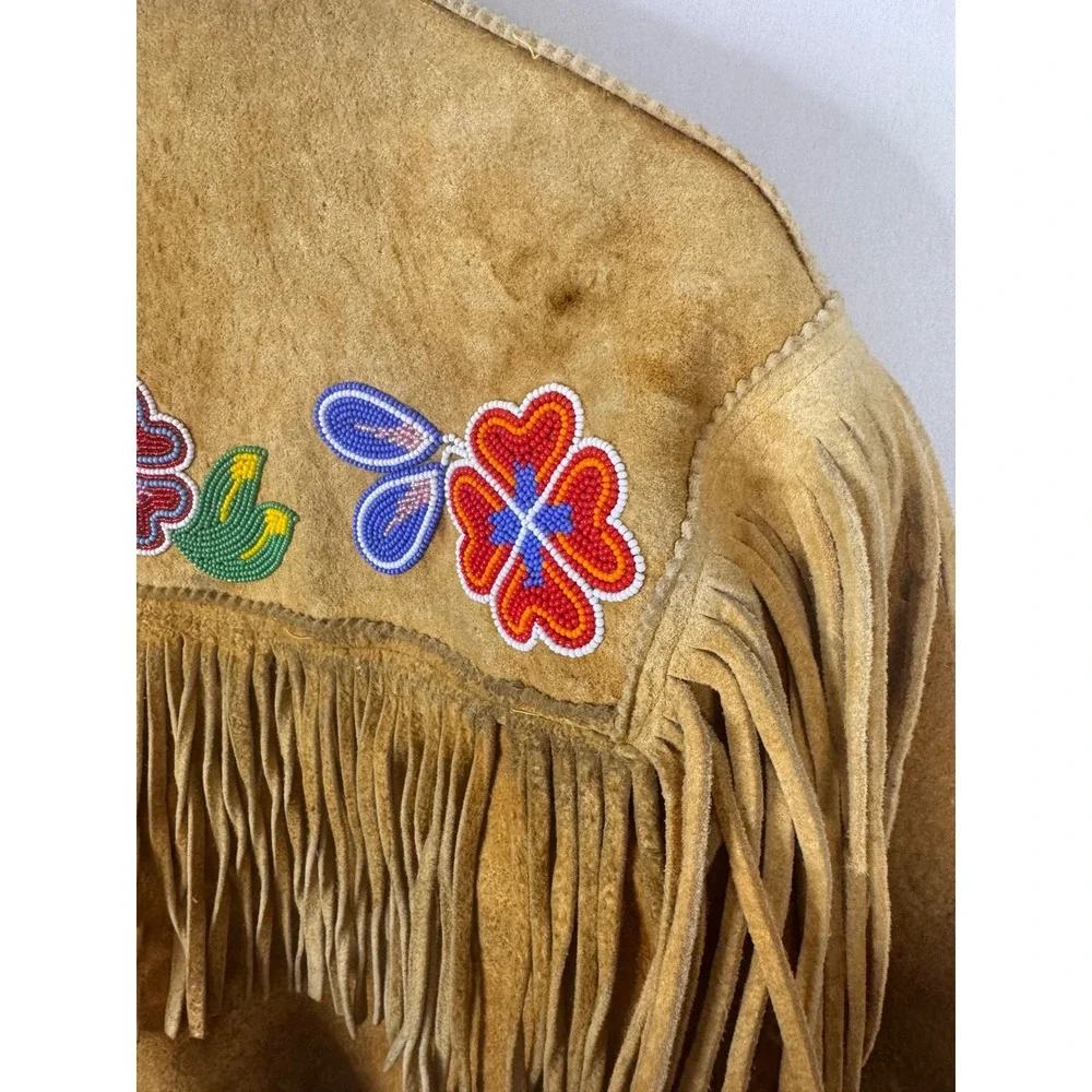 Vintage Buckskin Western Beaded Fringe Jacket Leather Floral Native Crop Women S - Picture 7 of 16